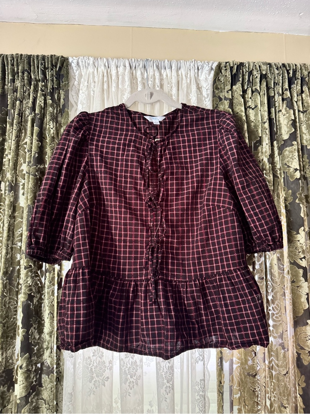 Time and Tru Burgundy Plaid Peplum Blouse with Ruffle Front